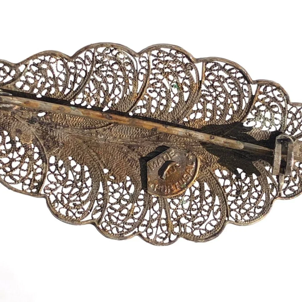 vintage filigree leaf pin brooch Portuguese brass tone delicate Victorian nature - Picture 13 of 16